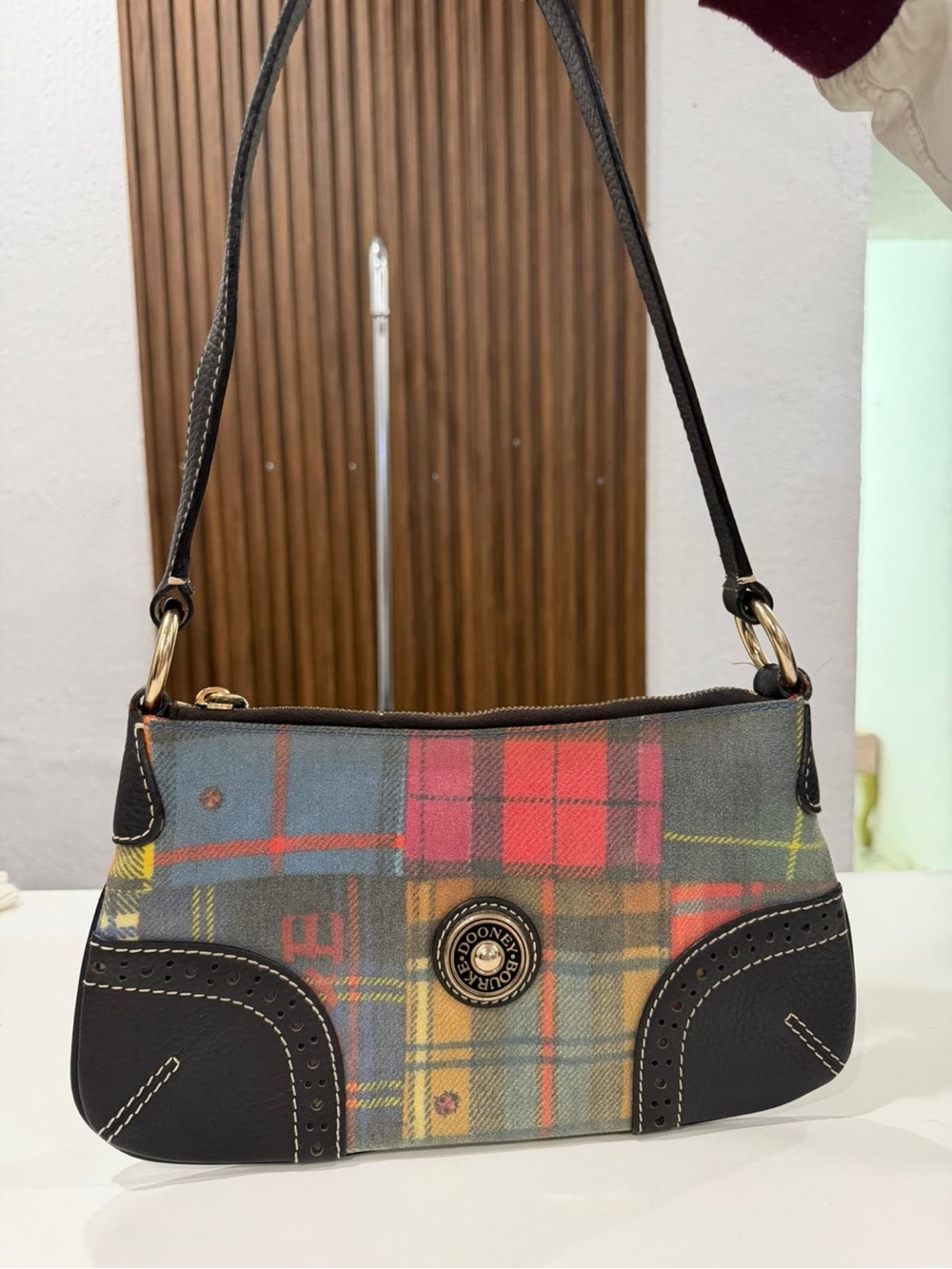 Dooney & Bourke Lady Bug Multicolor Plaid Leather Trim Small Shoulder Bag Purse - Picture 2 of 8